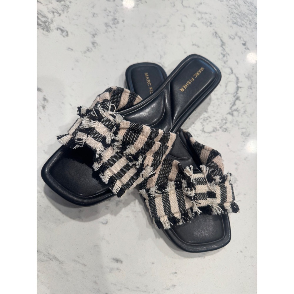 Marc Fisher Orbit knotted Gingham Frayed Slide Sandals Square Toe Black Beige 9M